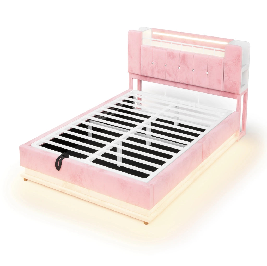 Letto contenitore imbottito 140 x 200 cm rosa con LED e prese USB