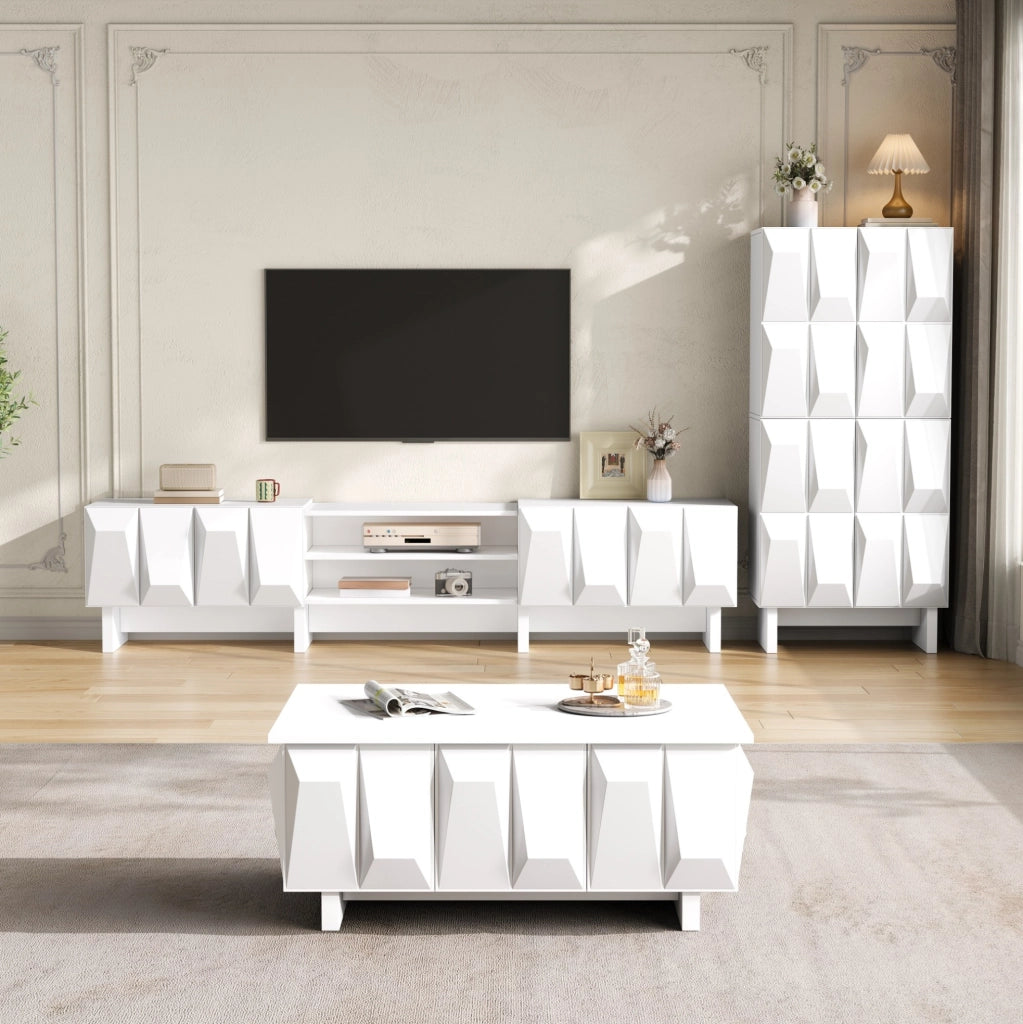 Set mobili soggiorno bianco 3 pezzi con frontali 3D