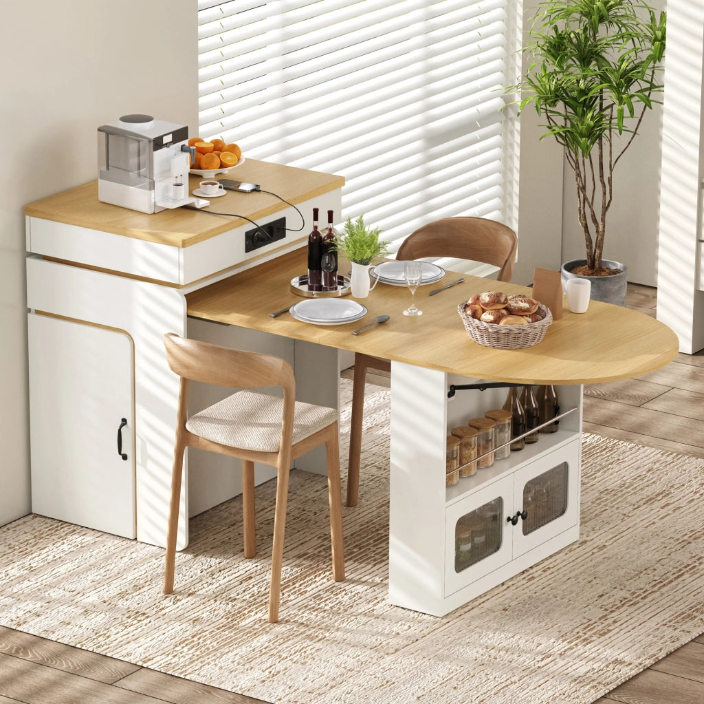 Isola da cucina bianca con tavolo estraibile, cassetti e luci LED