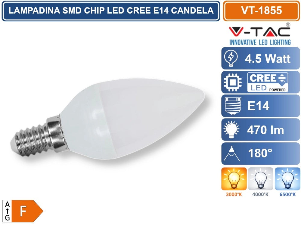 10 PEZZI V-TAC VT-1855 LAMPADINA LED E14 4,5W CANDELA C37 SMD CHIP CREE - Colore Luce:Bianco Freddo