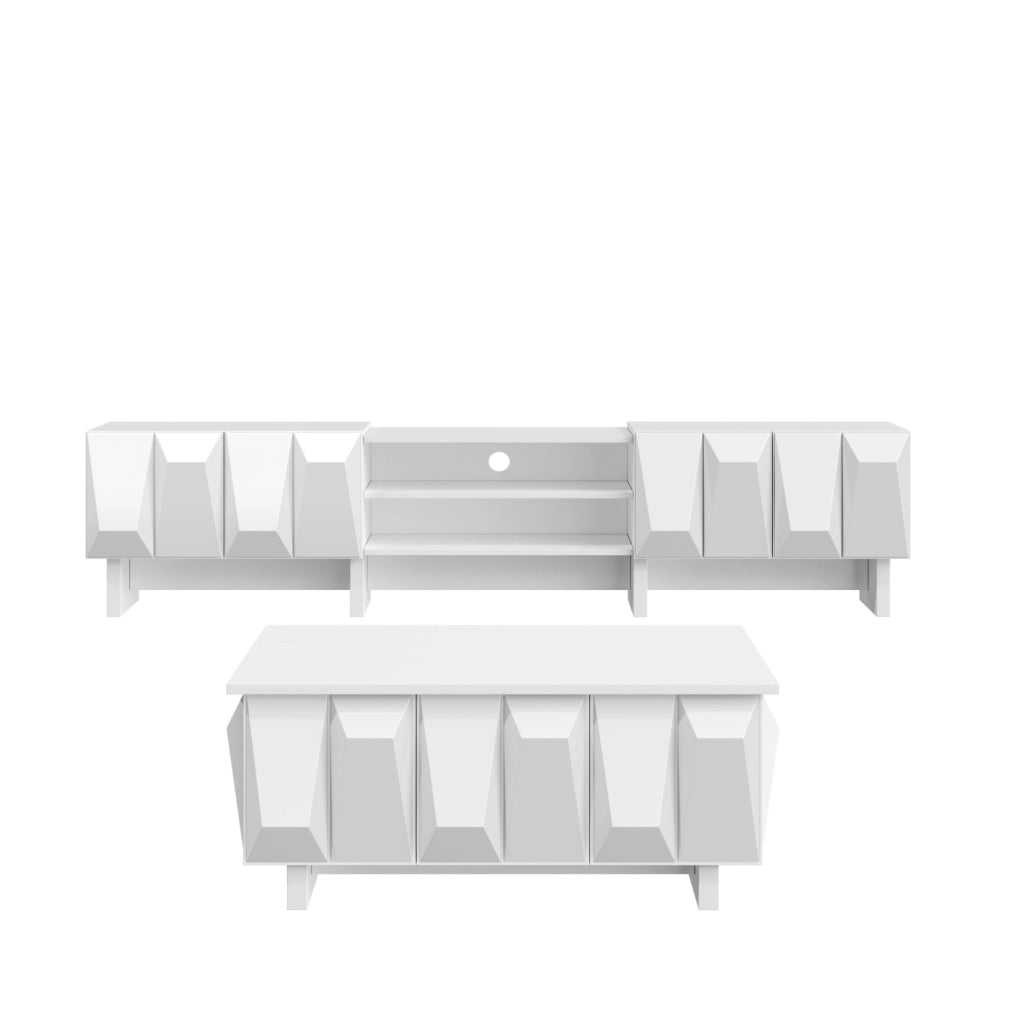 Set soggiorno bianco con mobile TV e tavolino, decoro a rombi