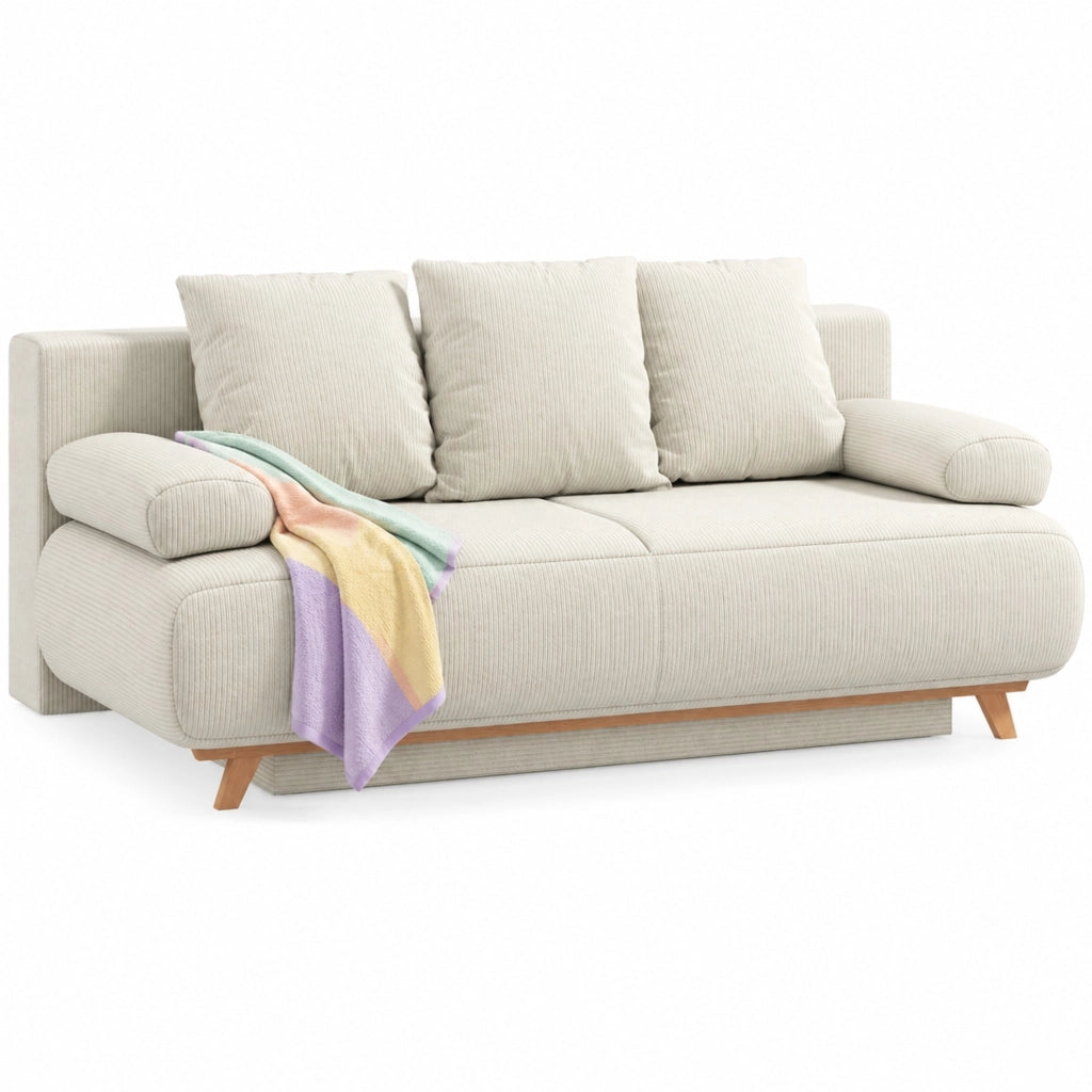 Divano letto 3 posti beige in corduroy con vano contenitore