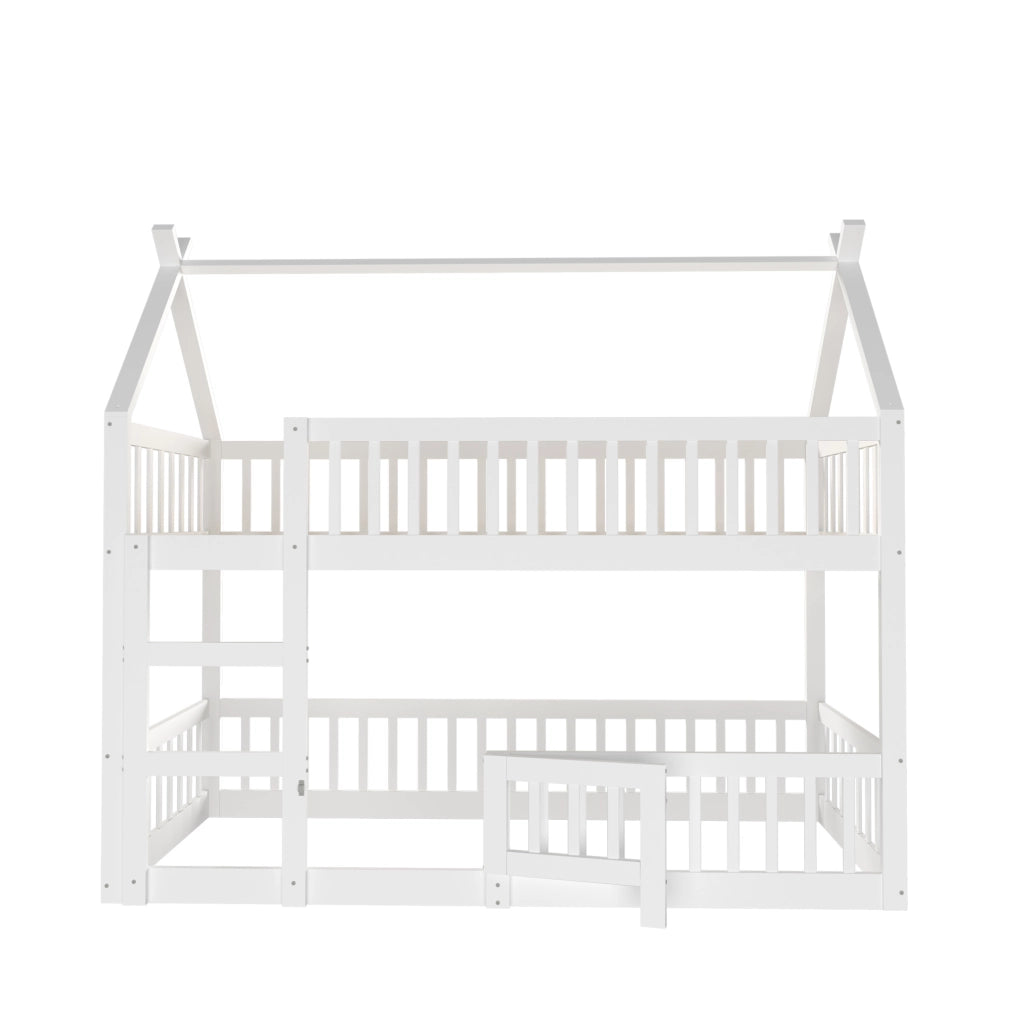 Letto a Castello per Bambini 90x200 cm in Legno Massiccio Bianco con Scaletta e Design a Soppalco