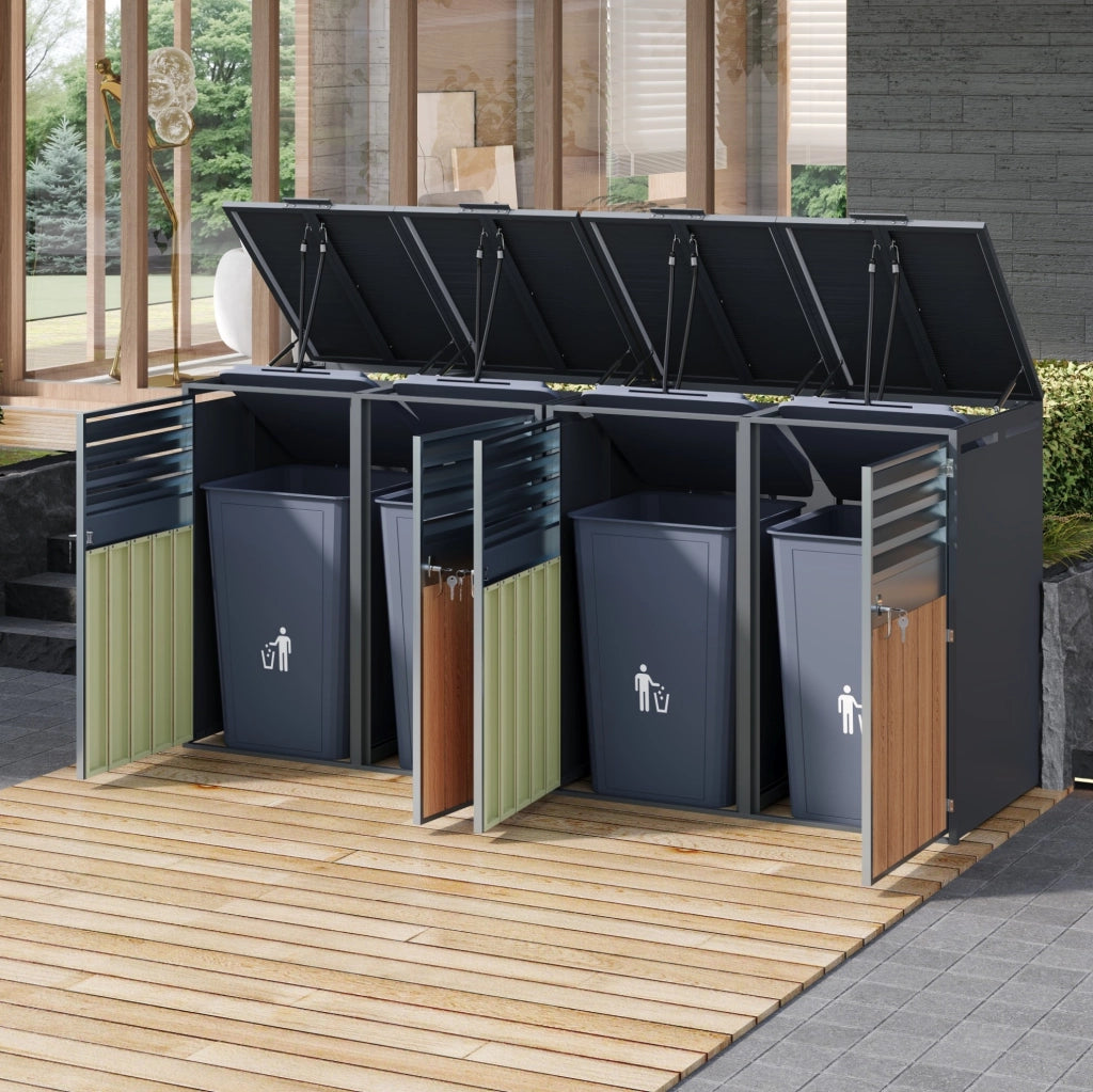 Box portarifiuti ULEVR a 4 scomparti con coperchi idraulici, ante ventilate e serratura, grigio effetto legno