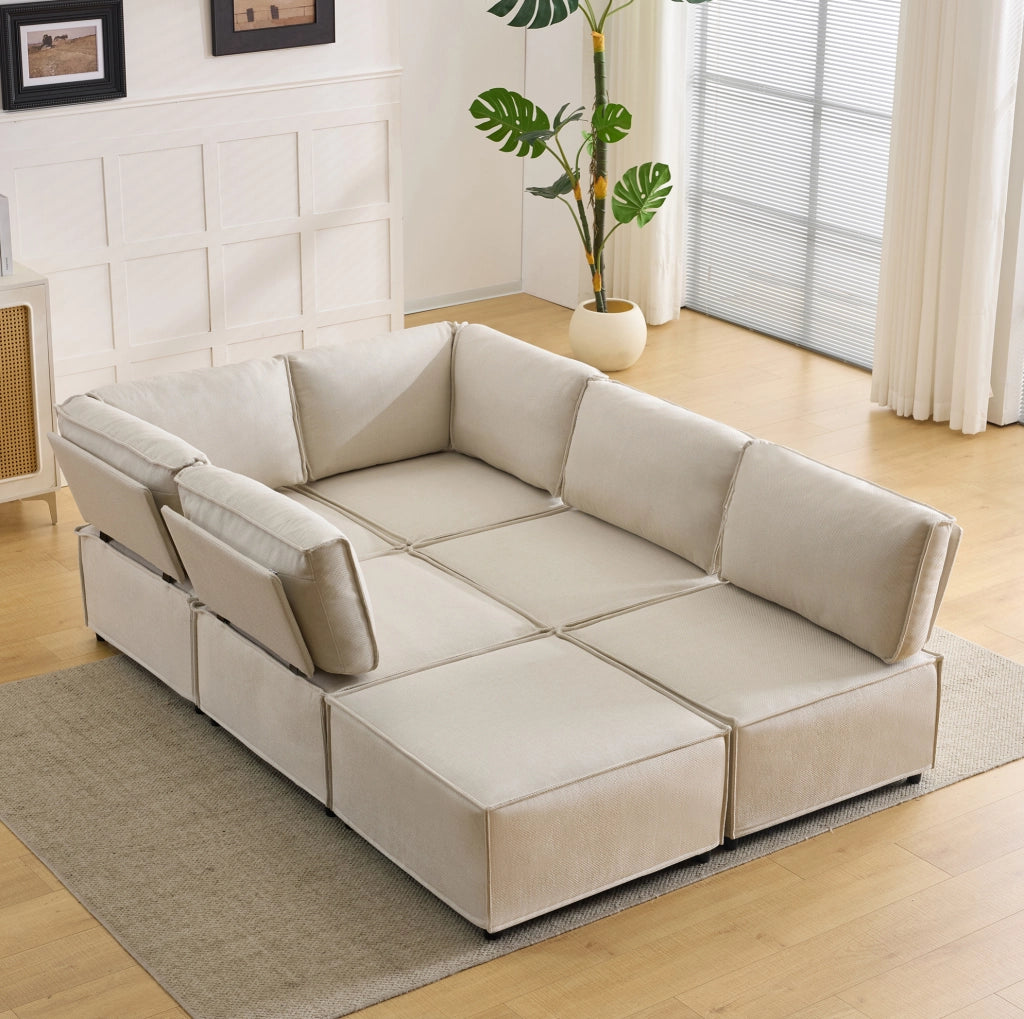 DIVANO angolare modulare 308x152x77 cm a 6 moduli beige con struttura in legno