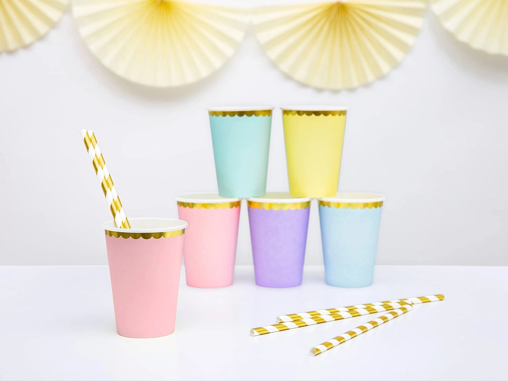 6 bicchieri di plastica rosa con bordo dorato, capacità 220 ml, monouso