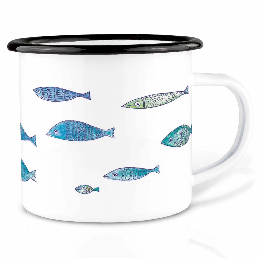 Tazza smaltata da 300 ml, dipinta a mano con motivo di pesci, ideale per il campeggio