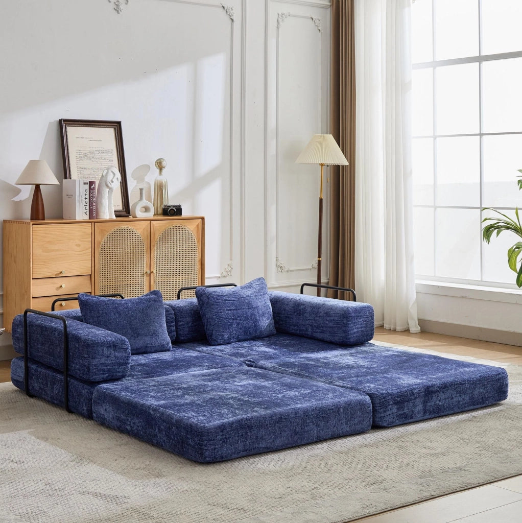 Divano letto da terra modulare in ciniglia blu scuro