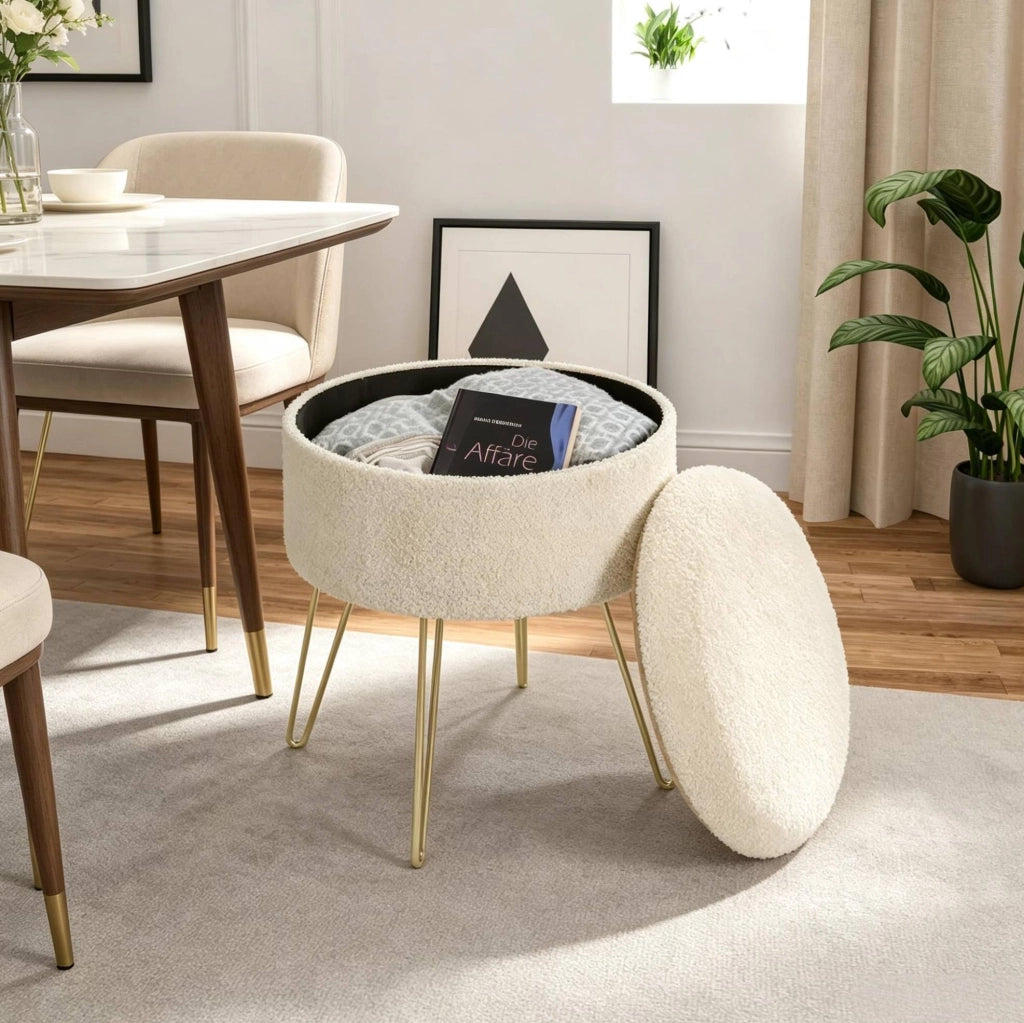 Pouf contenitore rotondo beige con seduta imbottita e coperchio a vassoio