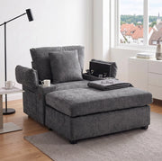 Divano trasformabile grigio scuro con pouf, porta USB e vani contenitori