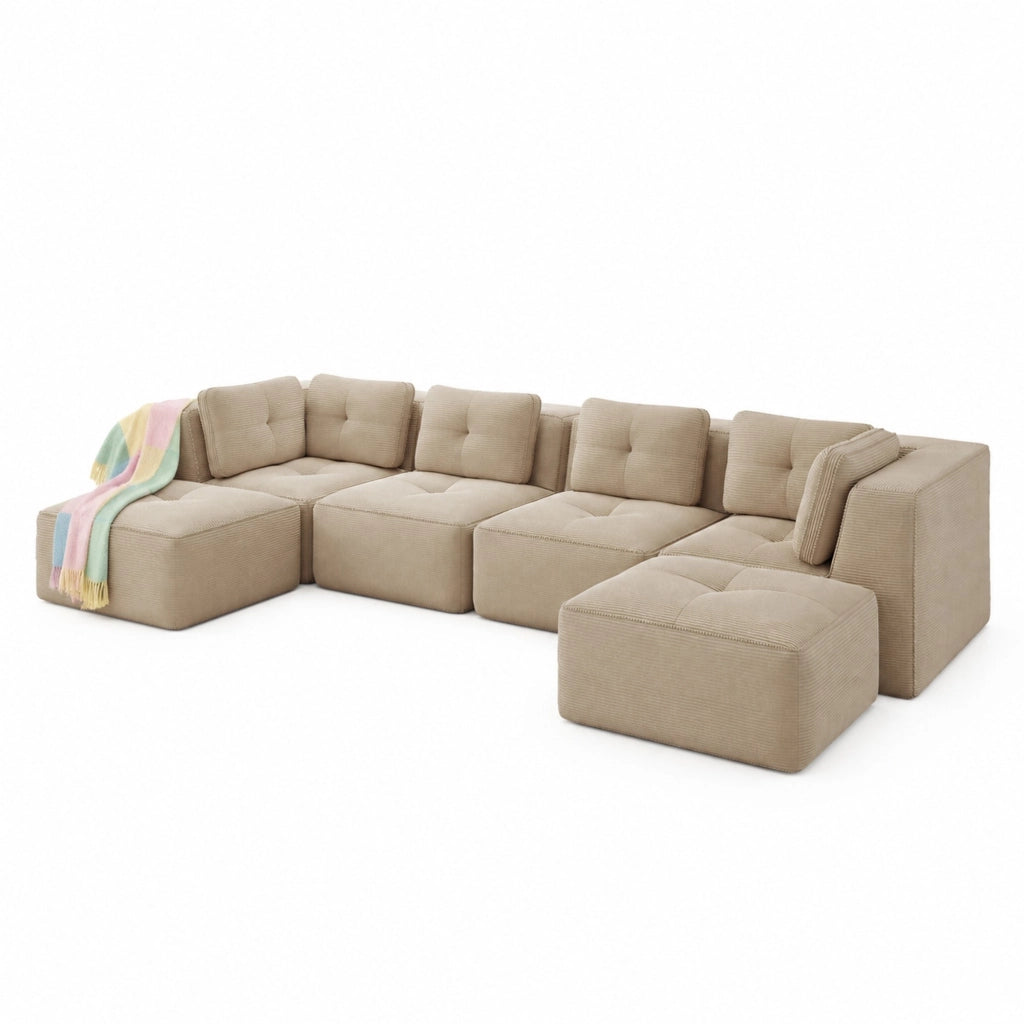 DIVANO ANGOLARE Modulare 386x177x69 cm in Velluto a Coste Beige