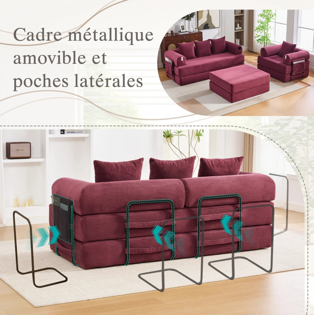 Divano modulare ULEVR 3 posti con poltrona e pouf, struttura in metallo e tasca laterale, velluto a coste rosso vino