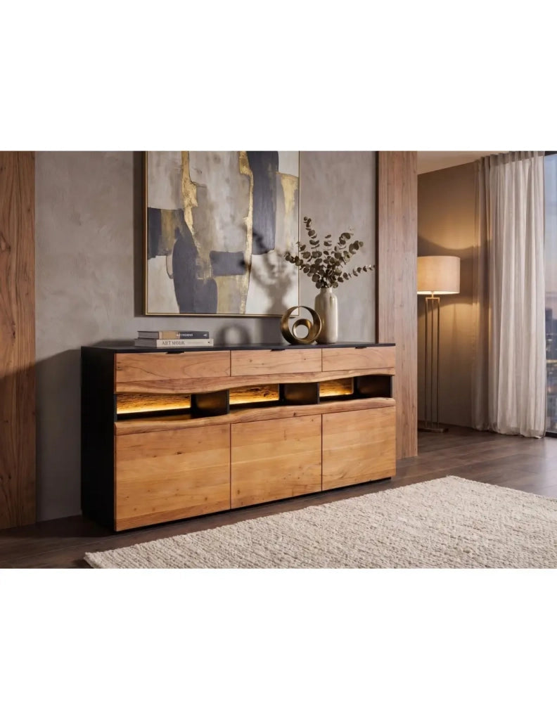 Buffet NAIROBI 180 cm in legno di acacia marrone e nero – 3 porte, 3 cassetti e LED integrato