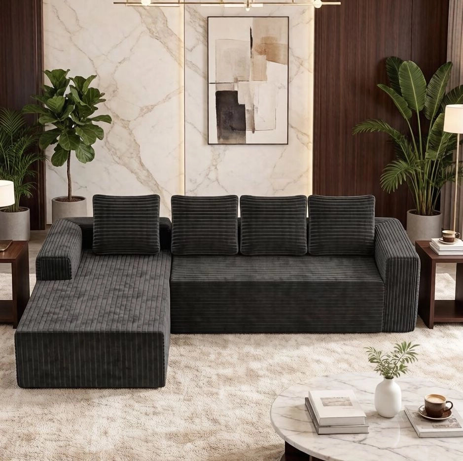 Divano modulare a L con chaise longue in velluto a coste grigio
