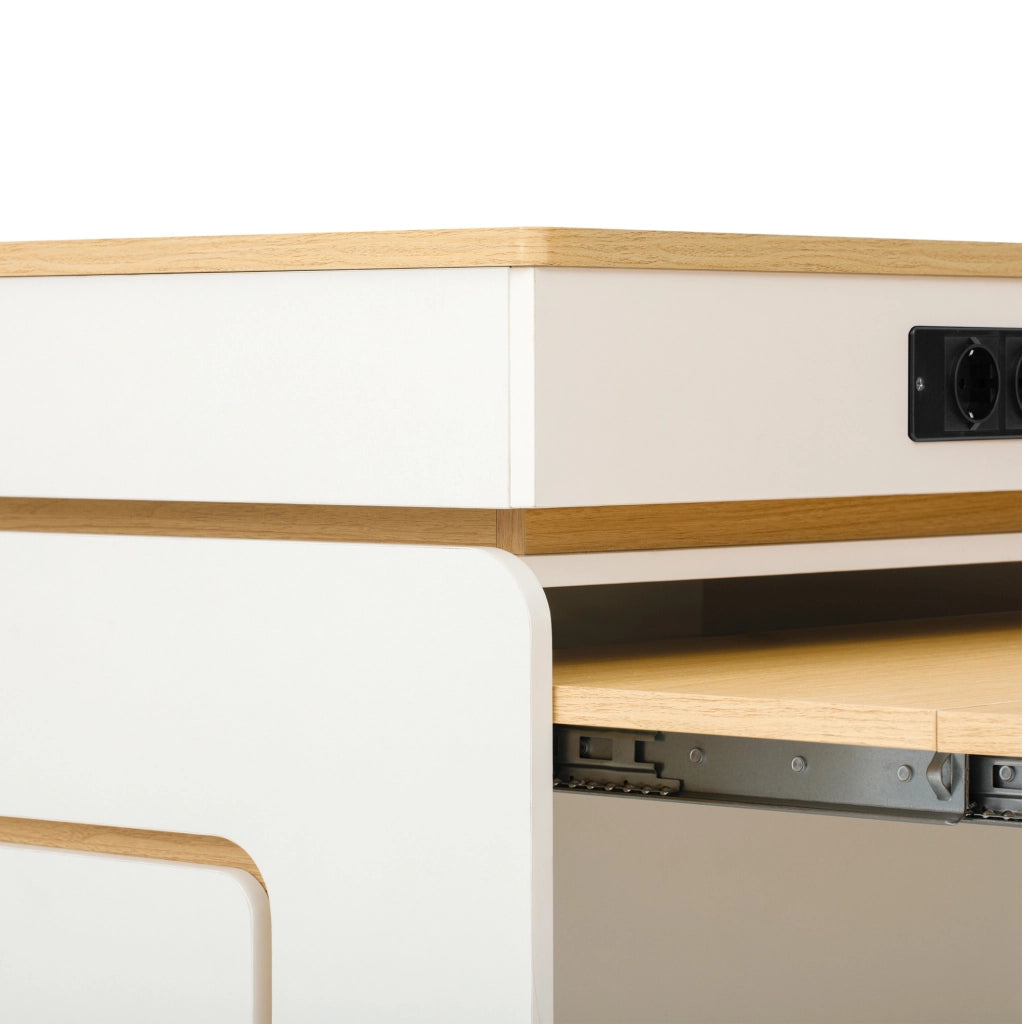 Isola cucina allungabile bianca con ruote, LED e ricarica USB