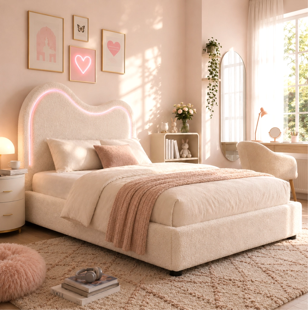 Letto singolo per bambini 90 x 200 cm con contenitore e LED, bianco