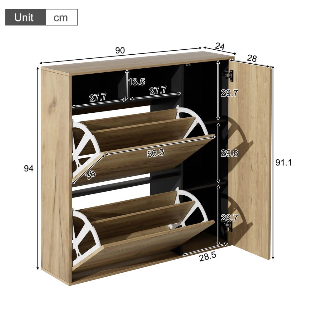 Scarpiera 90x24x94 cm naturale e nera in MDF con 2 ribalte e 1 anta
