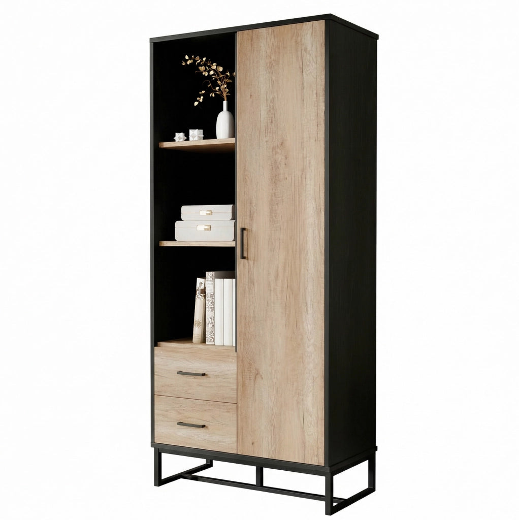 Mobile alto 80x40x180 cm con anta; 2 cassetti e 3 vani in MDF; nero e legno