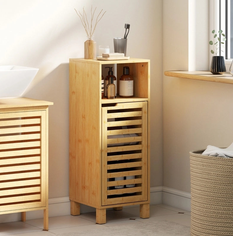 Mobiletto bagno in bambù con porta a lamelle, 30x30x80 cm, colore marrone chiaro