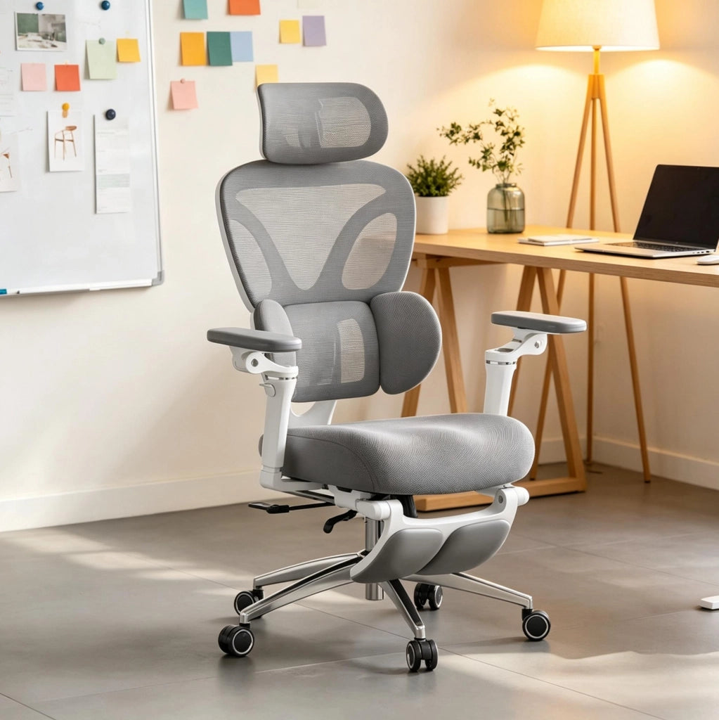 Sedia da ufficio ergonomica grigia con poggiapiedi estraibile