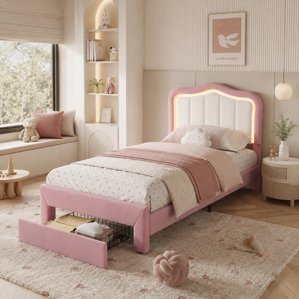 Letto singolo imbottito rosa 90 x 200 cm con cassetto e LED
