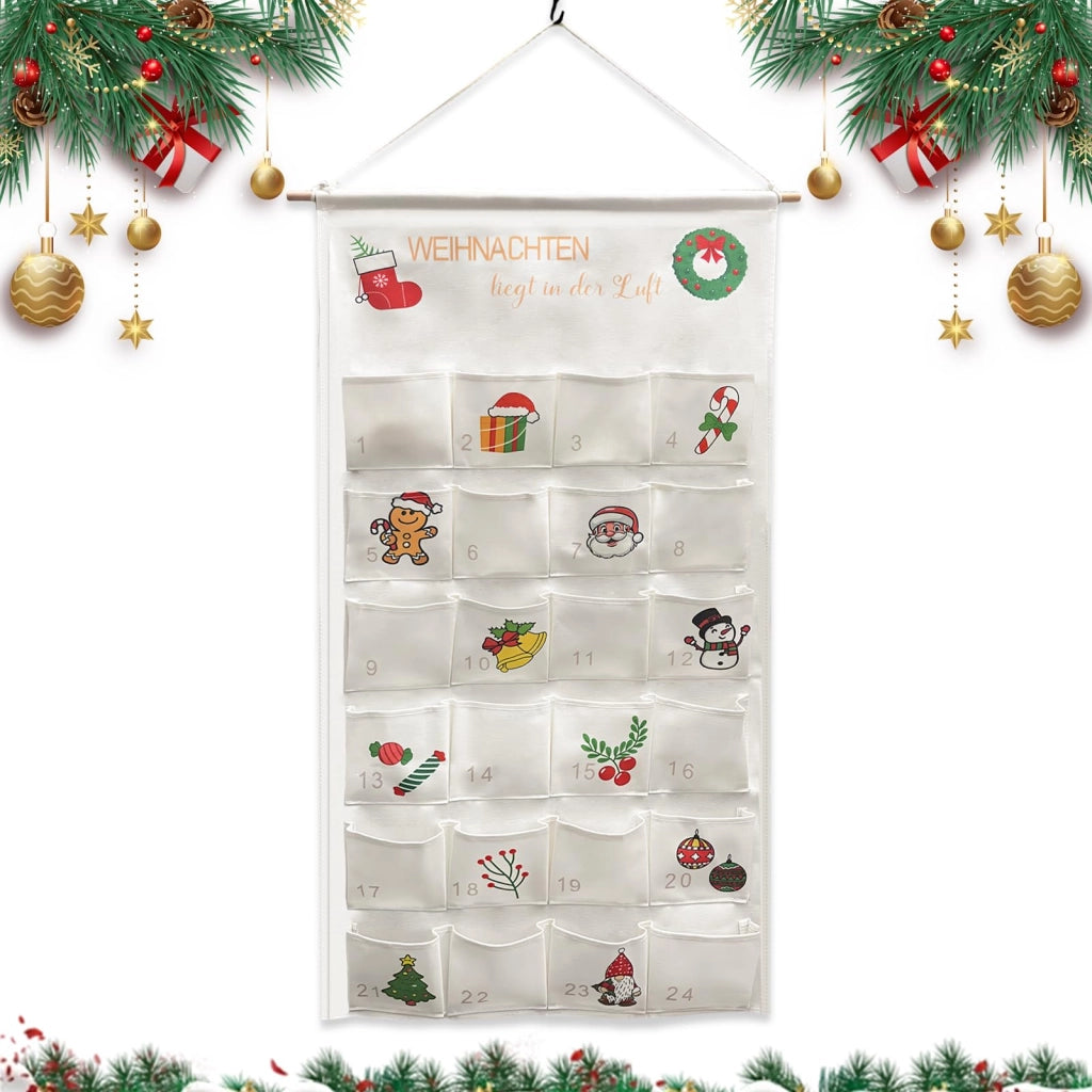 Calendario dell'Avvento in tessuto, con 24 scomparti, dimensioni 100x50 cm, colore bianco