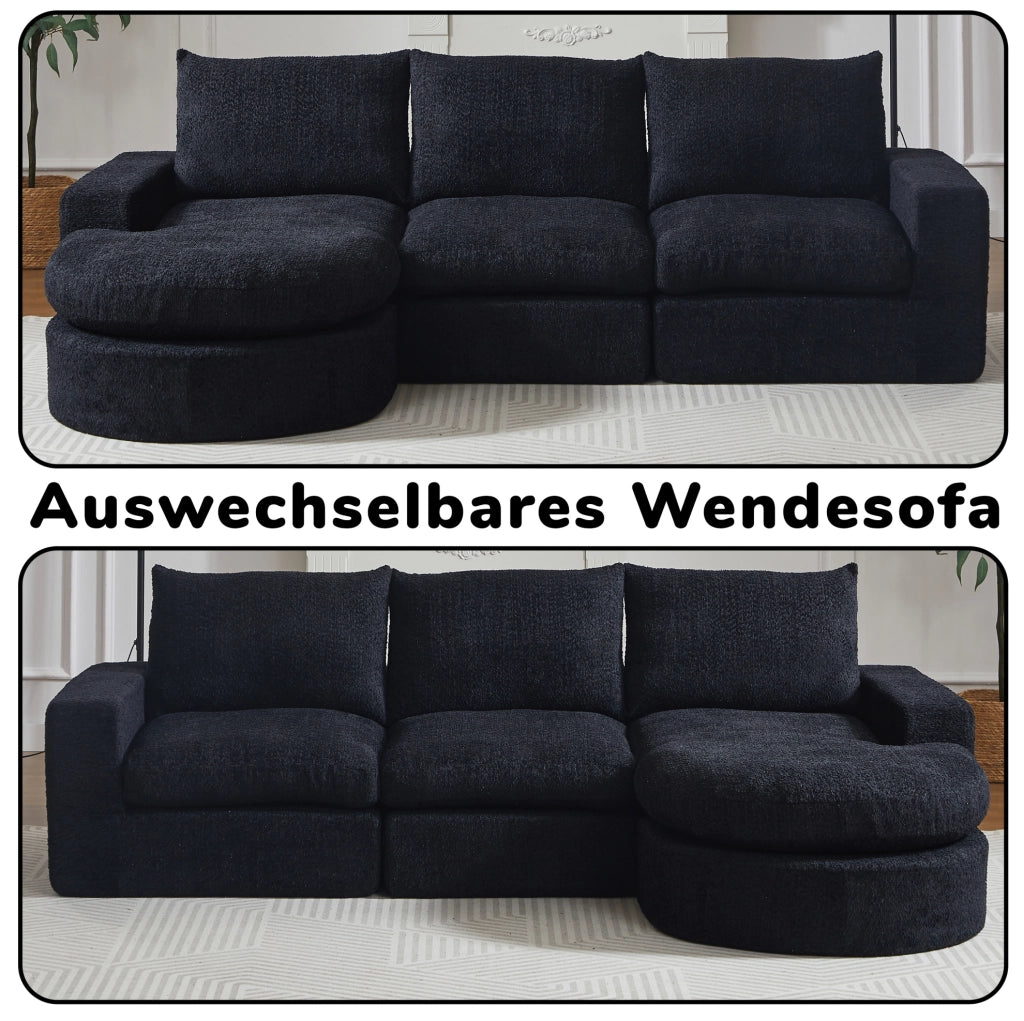 Divano modulare con chaise longue reversibile in ciniglia nera