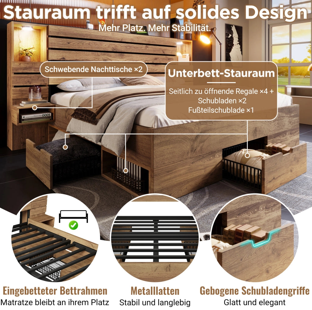 LETTO Matrimoniale 180x200 cm con LED, USB e Type-C Rovere