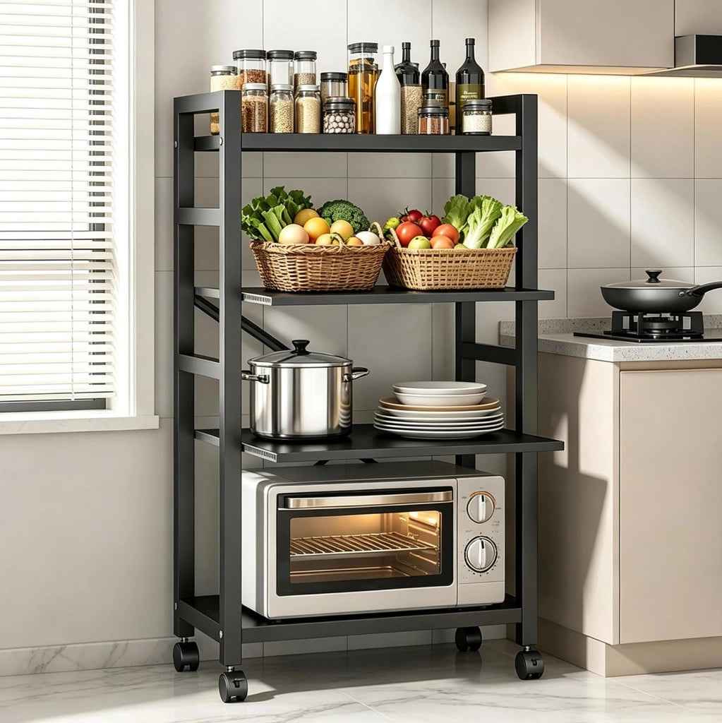 Scaffale da cucina, 4 ripiani, mensola estraibile per microonde con cassetti