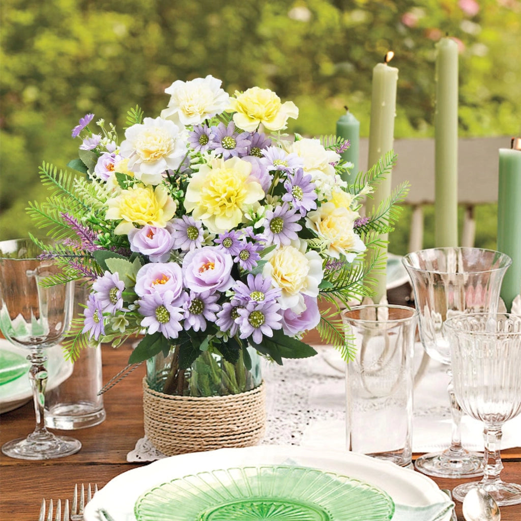 Composizione floreale artificiale, colore viola, con lilla, rose e lavanda, altezza 40 cm