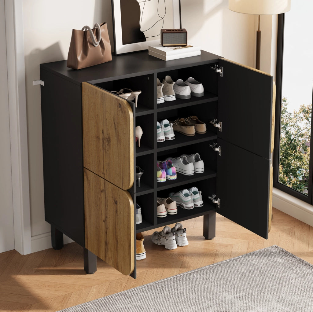 Scarpiera in MDF 80x38;5x95 cm con ripiani regolabili e ante soft-close; naturale e nero