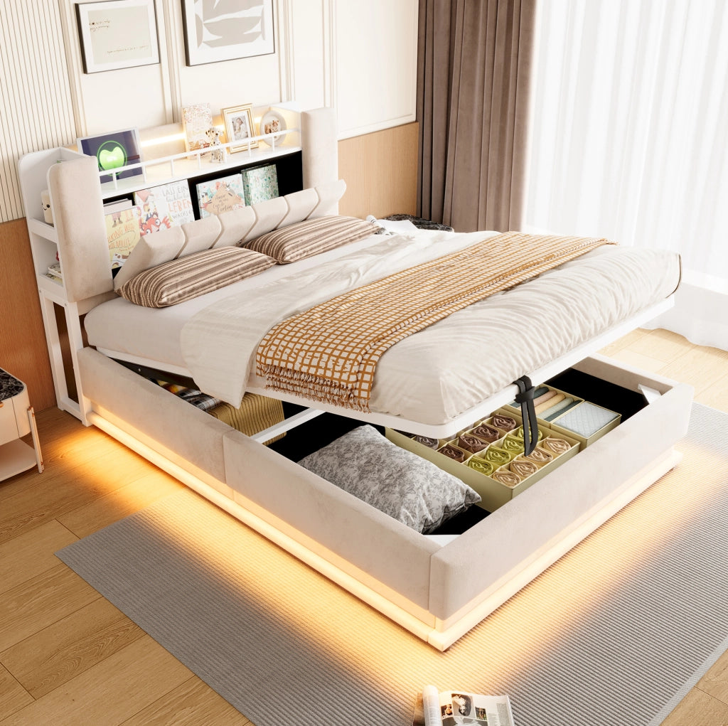 Letto contenitore imbottito 140 x 200 cm beige con LED e USB