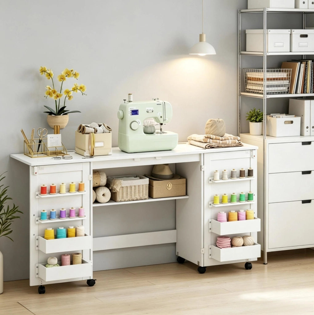 Tavolo da cucito pieghevole 160x40x81,5 cm bianco con contenitori