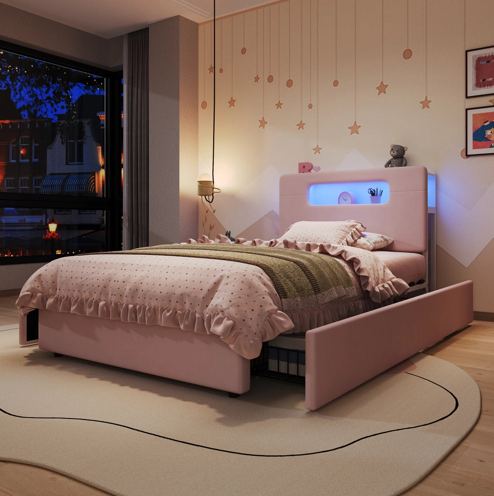Letto imbottito rosa 90 x 200 cm con 4 cassetti e luce integrata