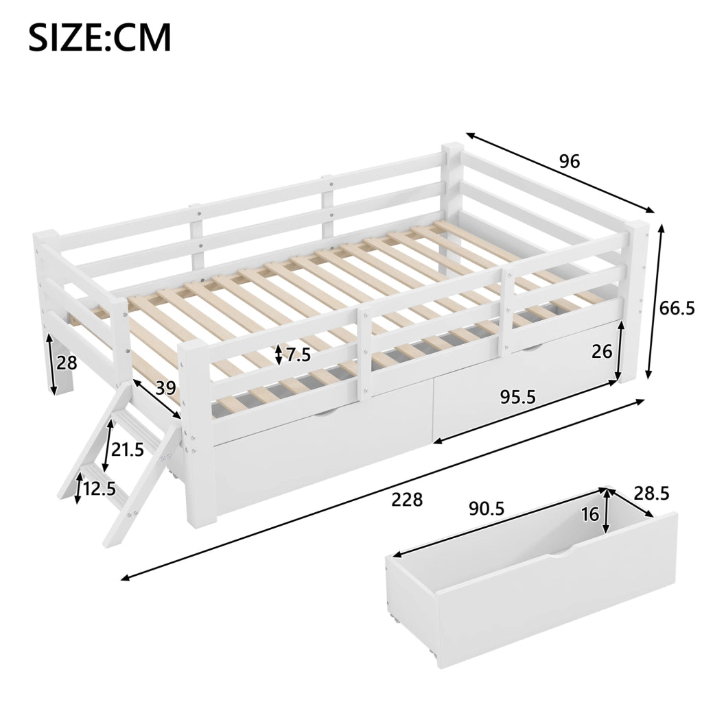 Letto singolo per bambini 90x200 cm con sponde e 2 cassetti in MDF e compensato bianco