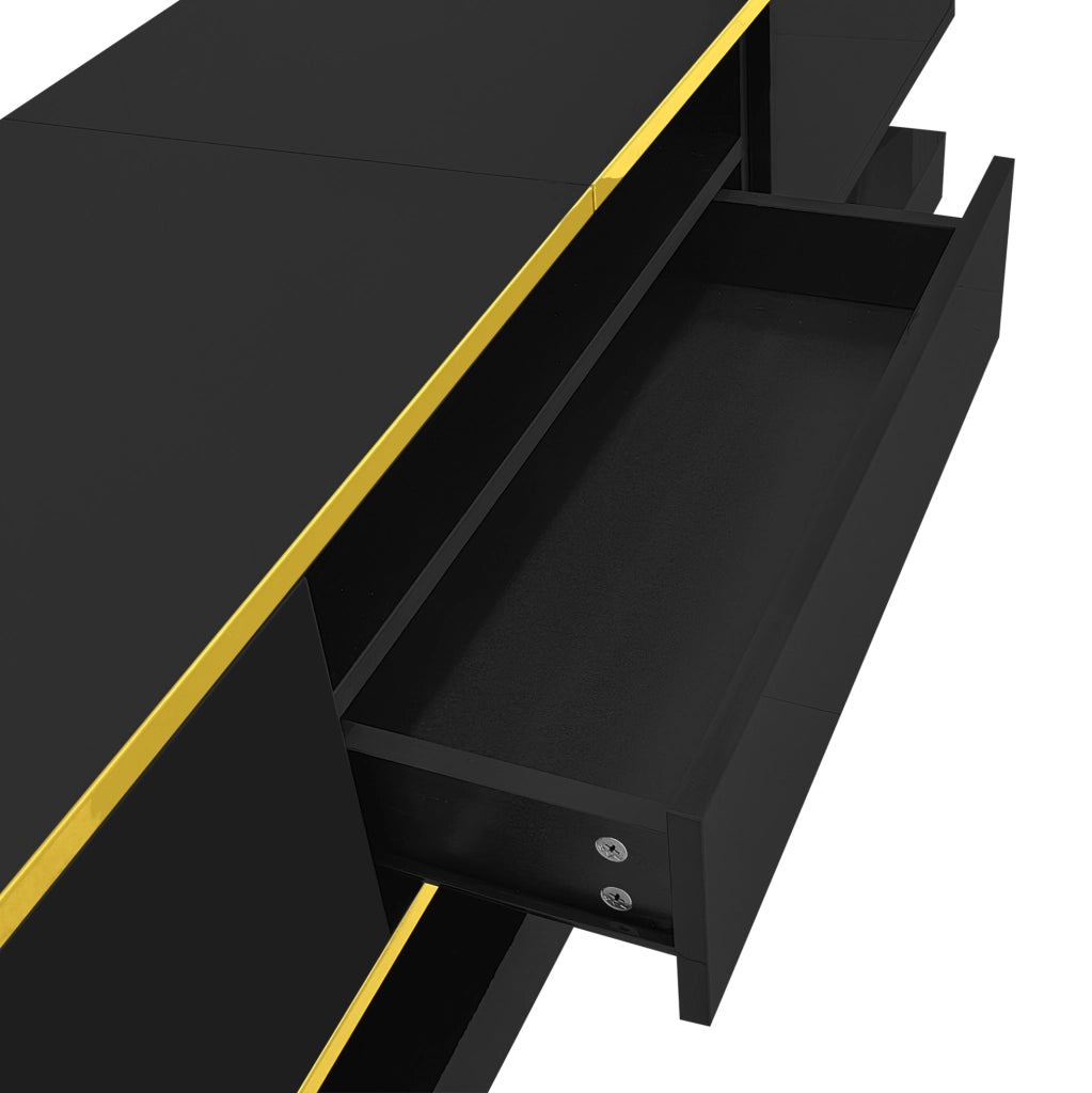 Mobile TV moderno nero lucido con tre cassetti e vano aperto, LED multicolore, 180x38x45 cm