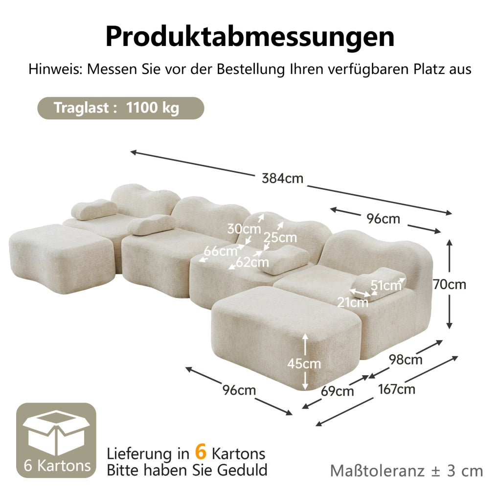 DIVANO Modulare Angolare in Velluto Beige con Pouf