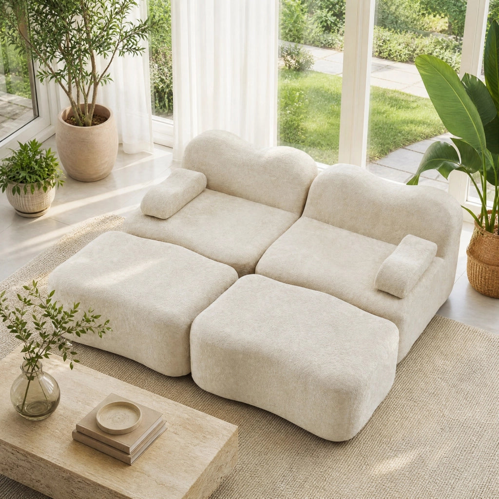 Divano modulare senza telaio in velluto beige con pouf