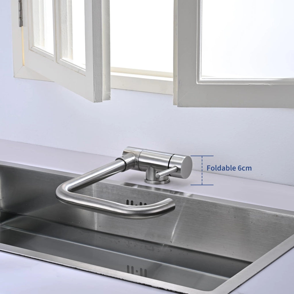 Rubinetto da cucina pieghevole, rotazione 360°, spazzolato, acciaio inox 304, per finestra