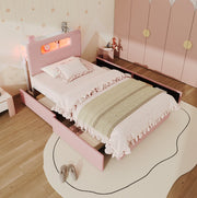 Letto imbottito rosa 90 x 200 cm con 4 cassetti e luce integrata