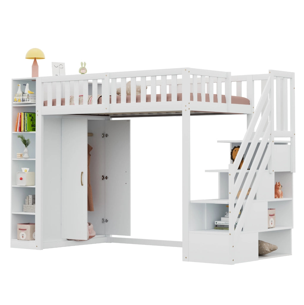 Letto a soppalco multifunzionale 90x200 cm con scala di sicurezza, armadio ampio e scaffali, bianco