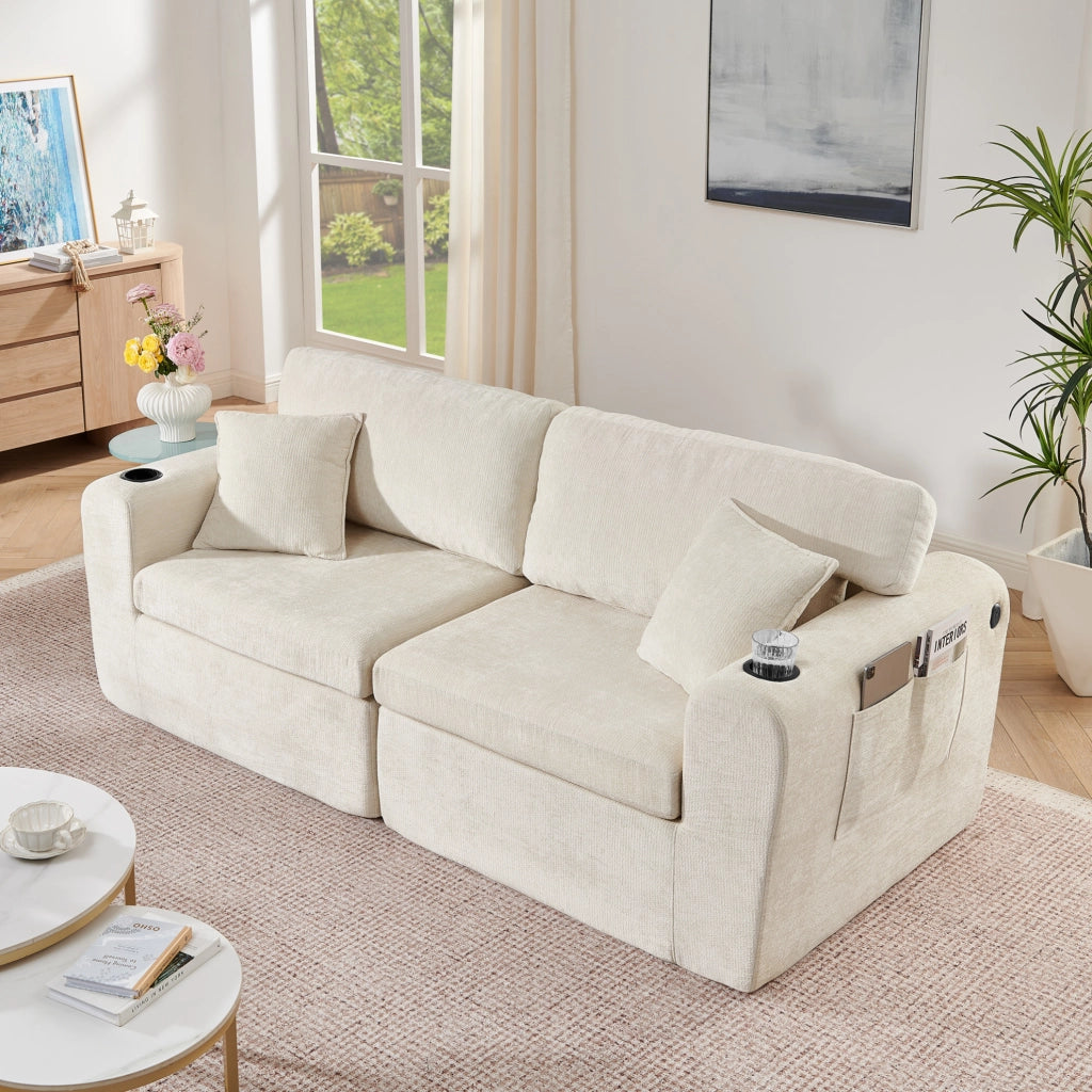 Divano relax 2 posti in ciniglia beige con USB e portabicchieri
