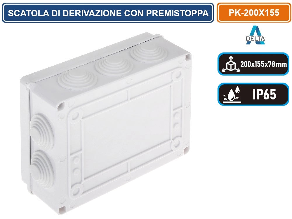 SCATOLA STAGNA DI DERIVAZIONE CON COPERCHIO CON VITI IN METALLO QUADRATA 200X155X78MM CON 10 PASSACAVI Ø 32 mm IP65