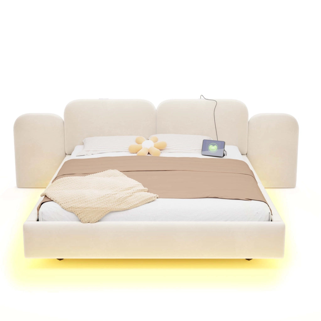 Letto contenitore imbottito 180 x 200 cm beige con LED e prese USB
