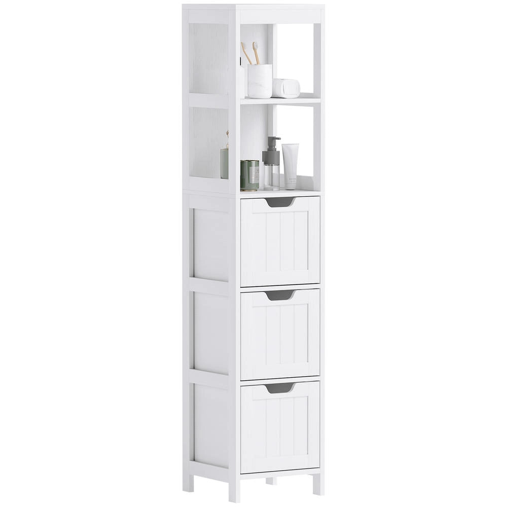 Mobiletto da Bagno a Colonna in MDF Bianco con 2 Ripiani e 3 Cassetti Mobile Salvaspazio Multiuso per Casa