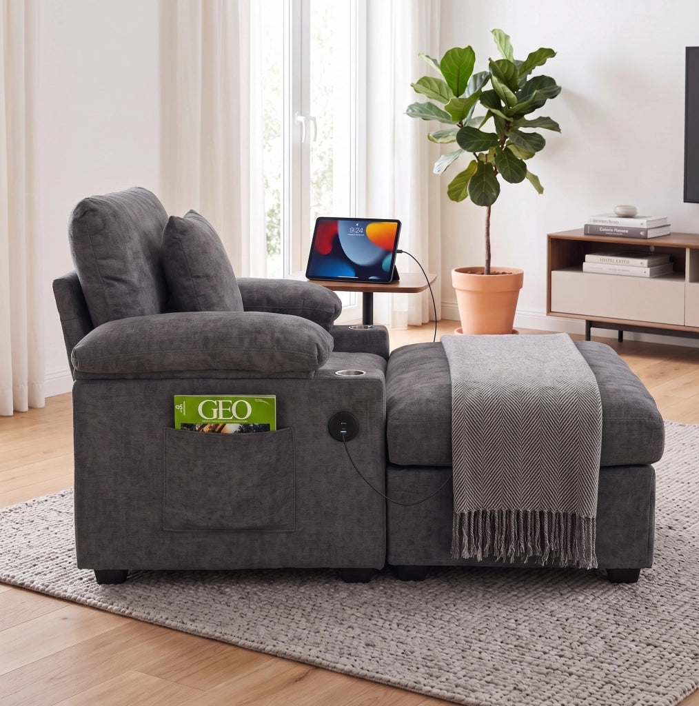 Divano trasformabile grigio scuro con pouf, porta USB e vani contenitori
