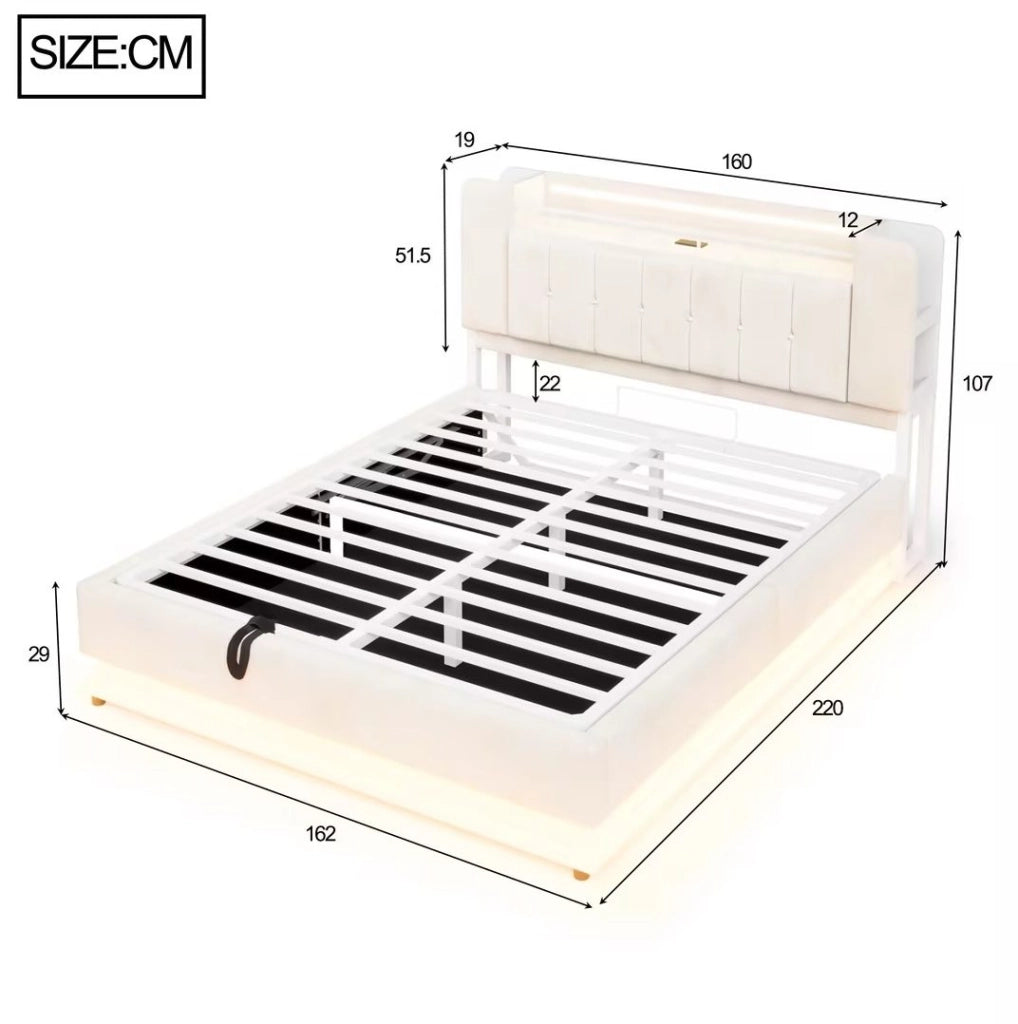 Letto imbottito 160x200 cm beige con LED, USB e contenitore