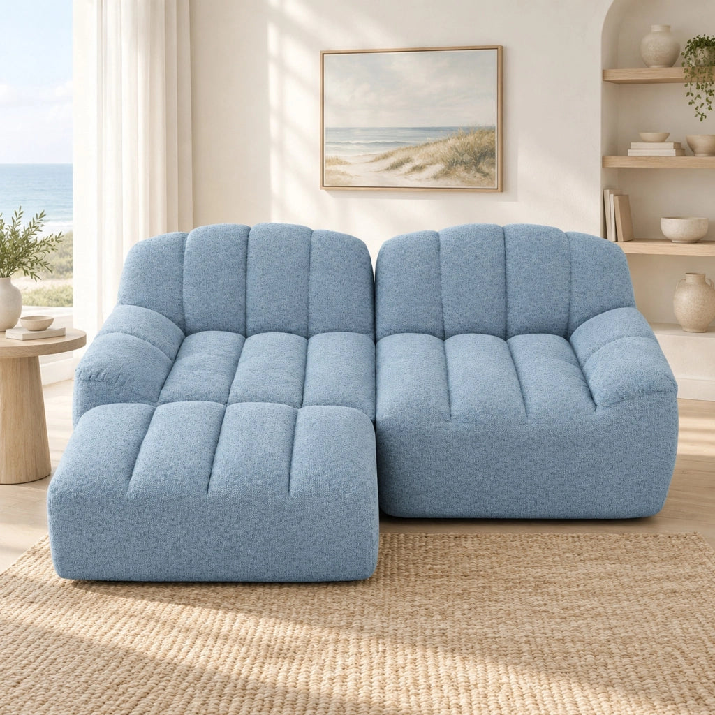 DIVANO angolare modulare 2 posti in pile granulato blu con pouf