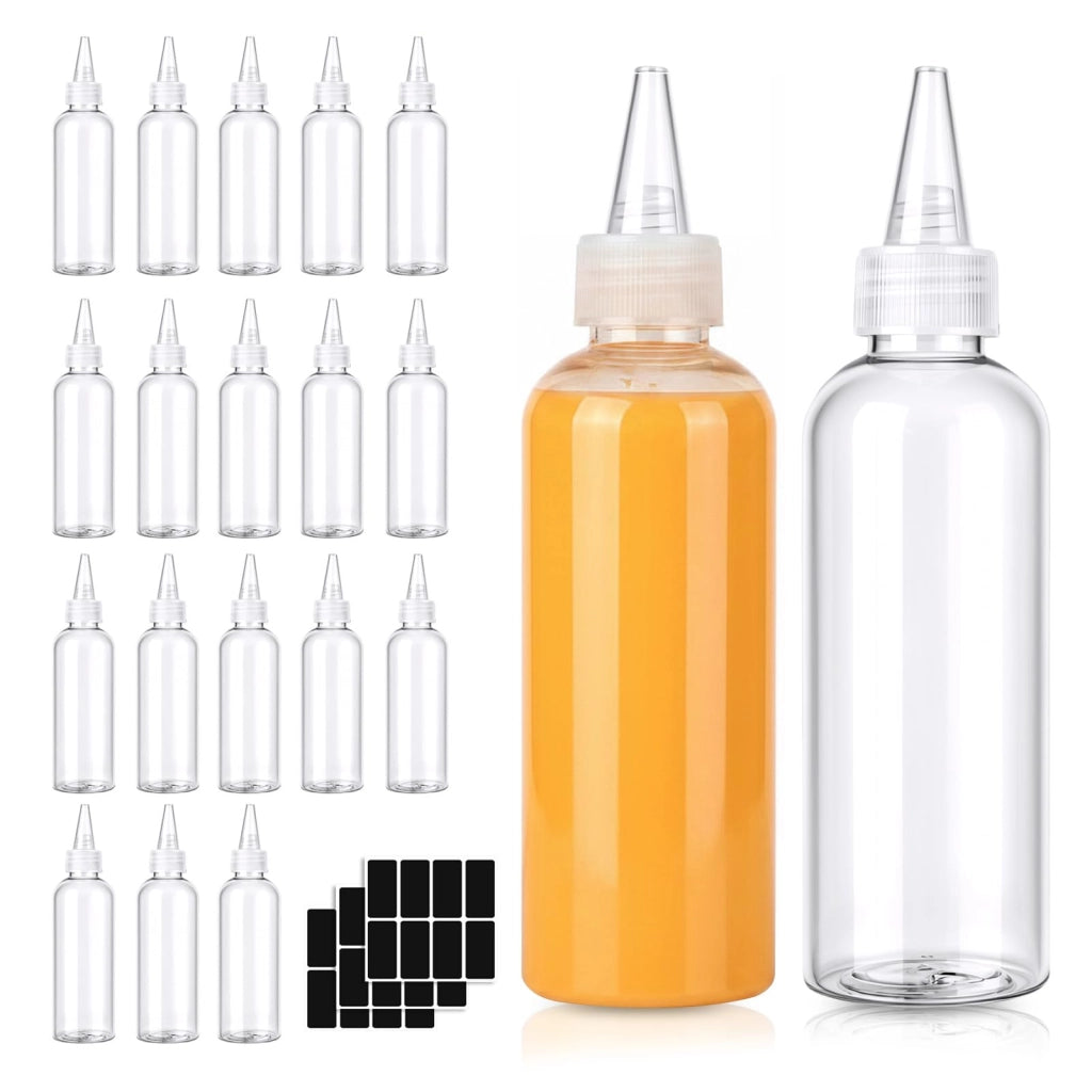 20 flaconi in plastica morbida da 100 ml, trasparenti, con etichette