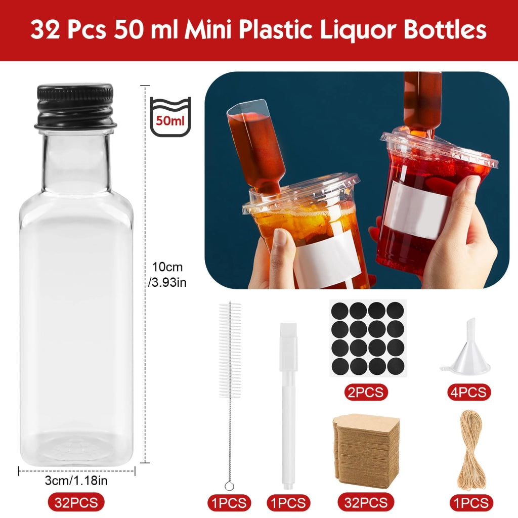 32 mini-bottiglie da 50 ml, in plastica, riutilizzabili, complete di accessori